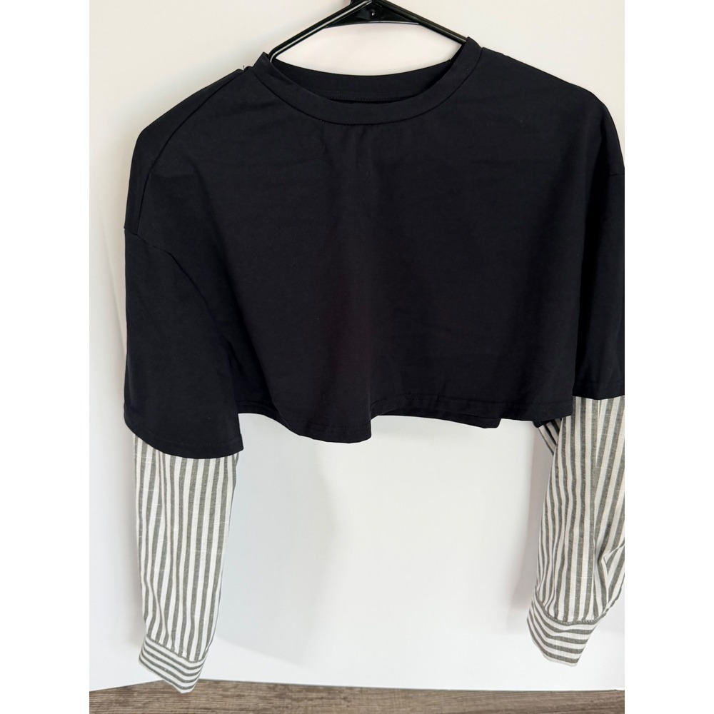 Black Cropped Layered Look Top with Striped Long Sleeves XS Crew Neck